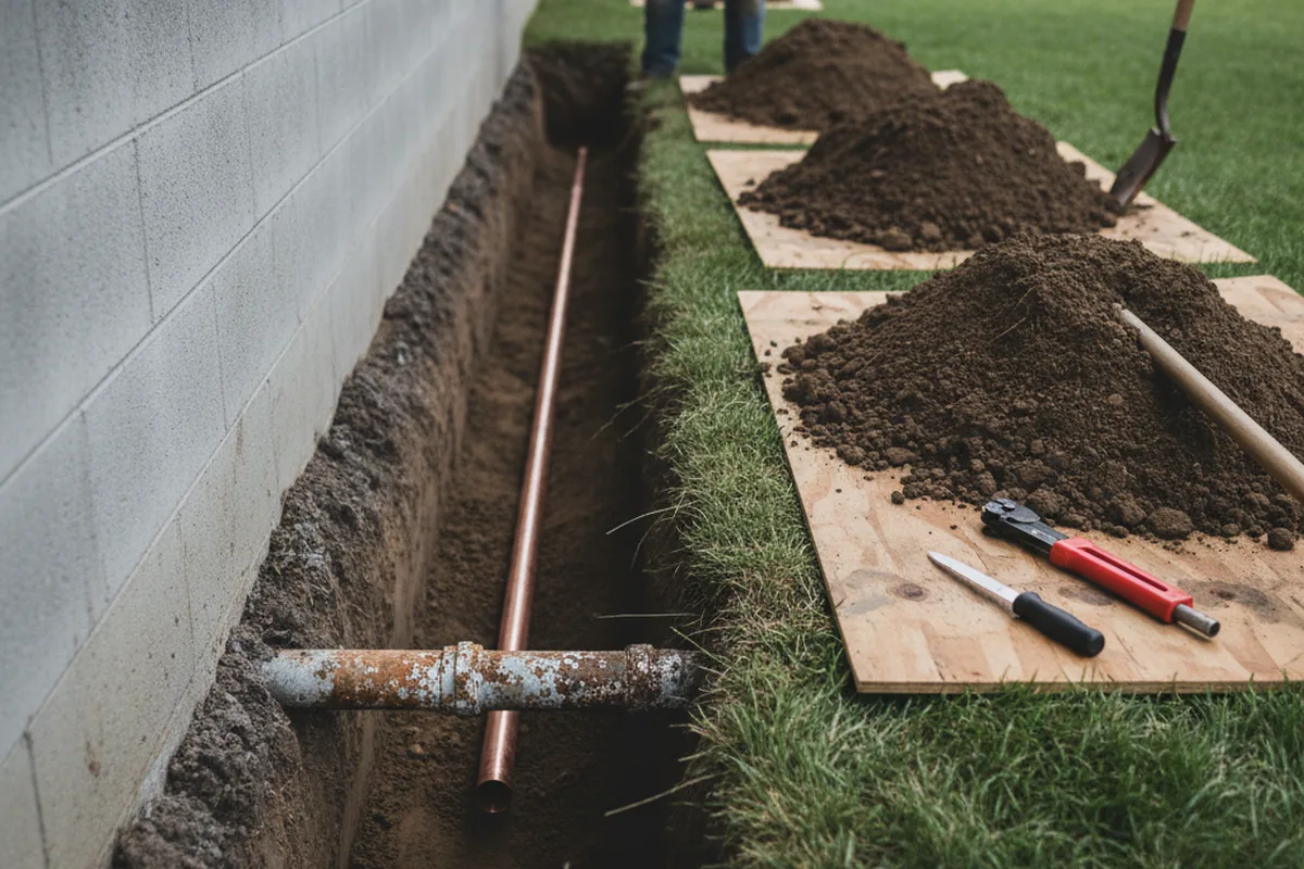 Excavated water line trench during Water Softener Installation in Garrett